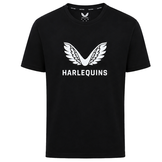 The Harlequins 23/24 Cotton Logo Tee by Castore features a white winged emblem and bold "HARLEQUINS" lettering on the front, finished with the authentic Harlequins logo for a signature Castore style.
