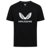 The Harlequins 23/24 Cotton Logo Tee by Castore features a white winged emblem and bold "HARLEQUINS" lettering on the front, finished with the authentic Harlequins logo for a signature Castore style.