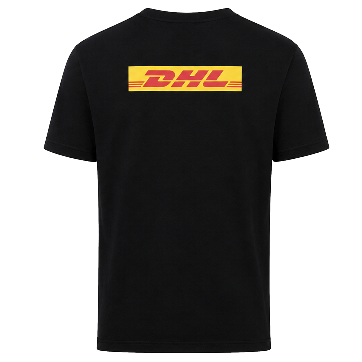 The Harlequins 23/24 Cotton Logo Tee by Castore is a black cotton tee with the yellow and red DHL logo on the upper back.
