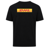 The Harlequins 23/24 Cotton Logo Tee by Castore is a black cotton tee with the yellow and red DHL logo on the upper back.