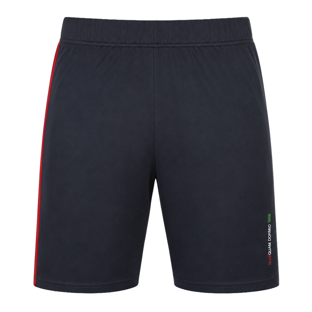 The Harlequins 23/24 Gym Short by Castore features a black design with an elastic waistband, red left-side stripe, and multicolor text near the right hem—ideal for intense workouts.