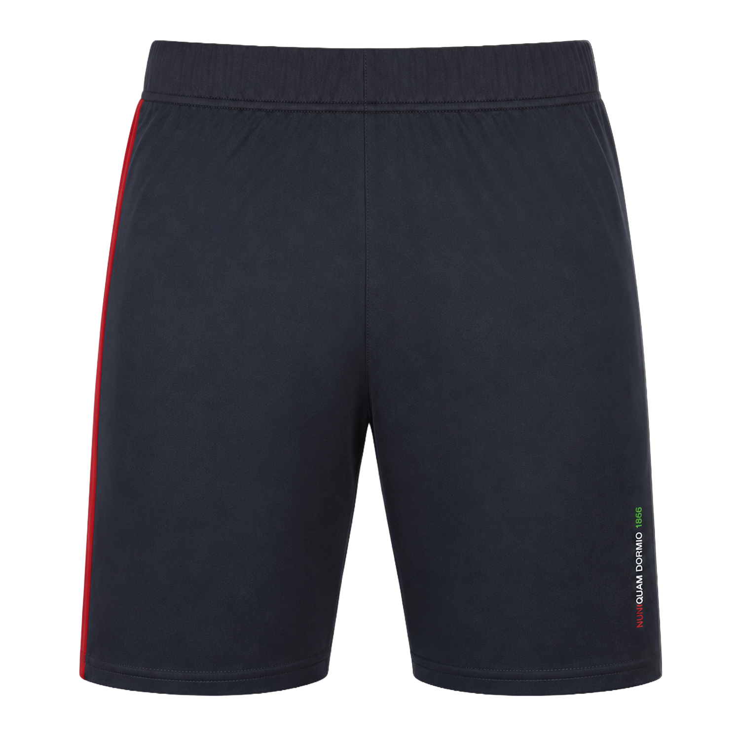 The Harlequins 23/24 Gym Short by Castore features a black design with an elastic waistband, red left-side stripe, and multicolor text near the right hem—ideal for intense workouts.