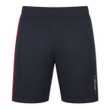 The Harlequins 23/24 Gym Short by Castore features a black design with an elastic waistband, red left-side stripe, and multicolor text near the right hem—ideal for intense workouts.