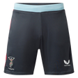 The Harlequins 23/24 Gym Short by Castore features a dark design with a light blue waistband, the Harlequins logo on the left leg, and Castore branding on the right—perfect workout shorts for dedicated fans.