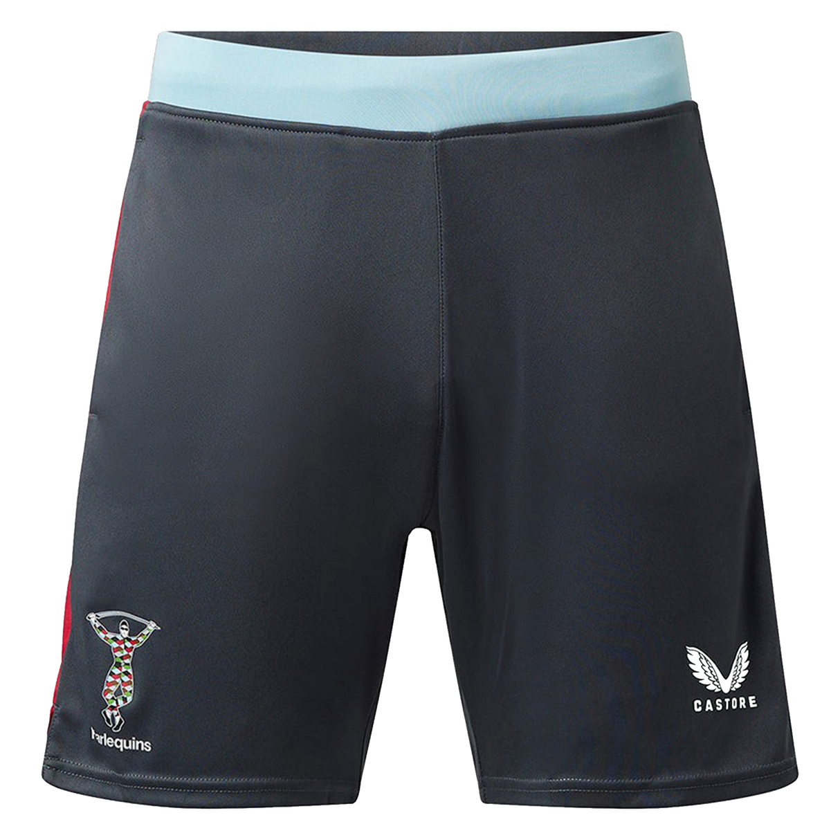 The Harlequins 23/24 Gym Short by Castore features a dark design with a light blue waistband, the Harlequins logo on the left leg, and Castore branding on the right—perfect workout shorts for dedicated fans.