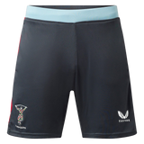 The Harlequins 23/24 Gym Short by Castore features a dark design with a light blue waistband, the Harlequins logo on the left leg, and Castore branding on the right—perfect workout shorts for dedicated fans.