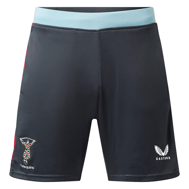 The Harlequins 23/24 Gym Short by Castore features a dark design with a light blue waistband, the Harlequins logo on the left leg, and Castore branding on the right—perfect workout shorts for dedicated fans.