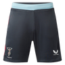 The Harlequins 23/24 Gym Short by Castore features a dark design with a light blue waistband, the Harlequins logo on the left leg, and Castore branding on the right—perfect workout shorts for dedicated fans.
