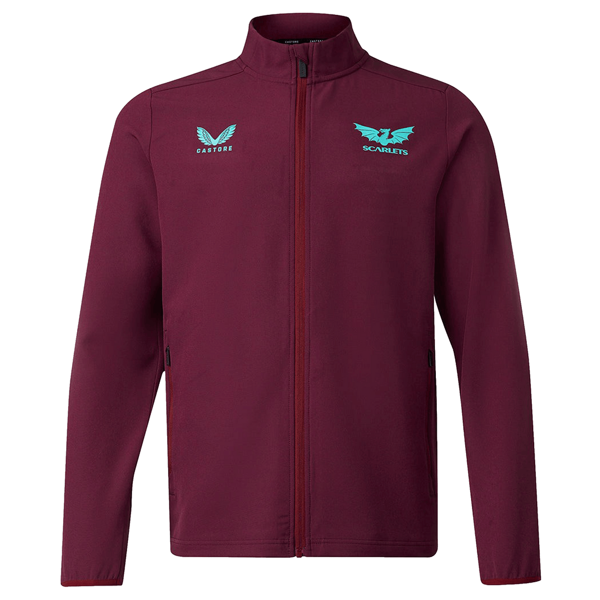 The Scarlets 23/24 Travel Jacket Men's by Castore in maroon features teal Castore and Scarlets chest logos, displayed against a plain white background.