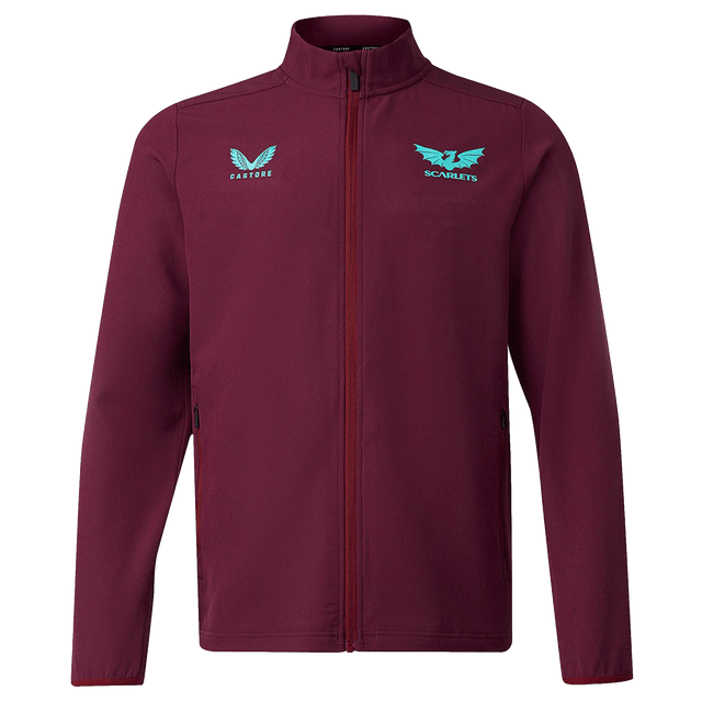 The Scarlets 23/24 Travel Jacket Men's by Castore in maroon features teal Castore and Scarlets chest logos, displayed against a plain white background.