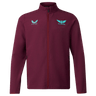 The Scarlets 23/24 Travel Jacket Men's by Castore in maroon features teal Castore and Scarlets chest logos, displayed against a plain white background.