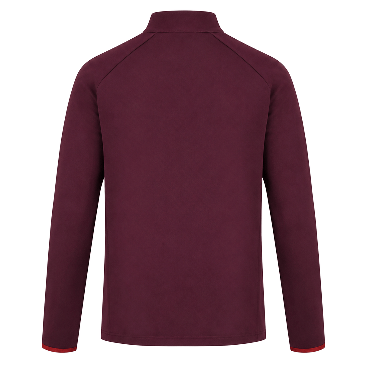 Back view of the Scarlets 23/24 Travel Jacket Men's by Castore, a long-sleeve burgundy jacket with high collar and subtle red sleeve cuff accents.