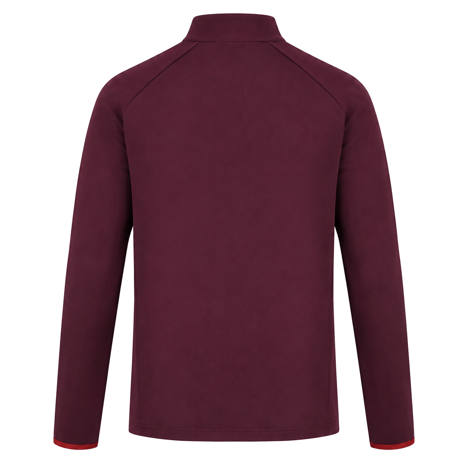 Back view of the Scarlets 23/24 Travel Jacket Men's by Castore, a long-sleeve burgundy jacket with high collar and subtle red sleeve cuff accents.