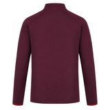 Back view of the Scarlets 23/24 Travel Jacket Men's by Castore, a long-sleeve burgundy jacket with high collar and subtle red sleeve cuff accents.