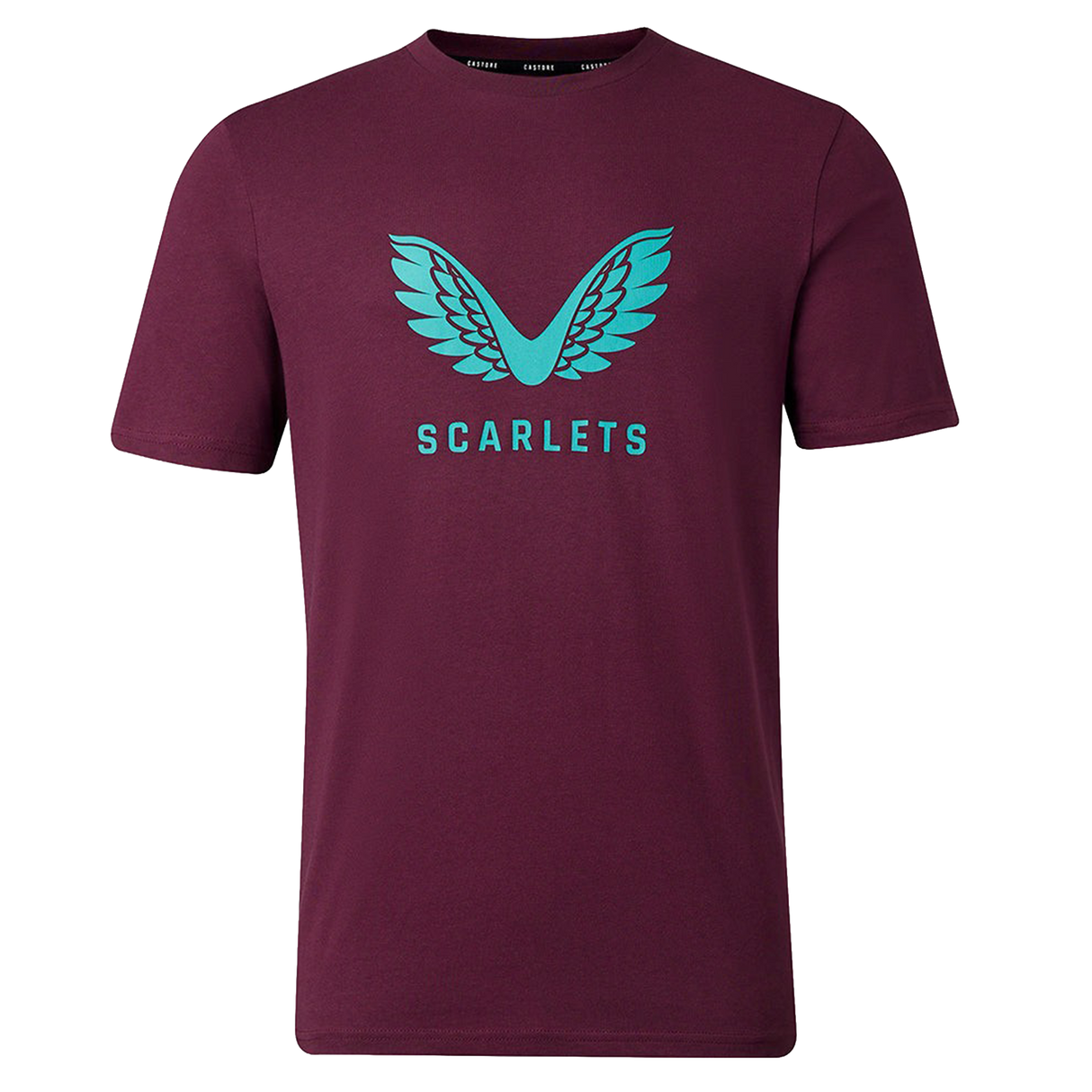 The Scarlets 23/24 Travel Cotton Logo Tee by Castore is a maroon cotton shirt with a teal winged logo and "SCARLETS" text on the chest.