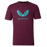 The Scarlets 23/24 Travel Cotton Logo Tee by Castore is a maroon cotton shirt with a teal winged logo and "SCARLETS" text on the chest.