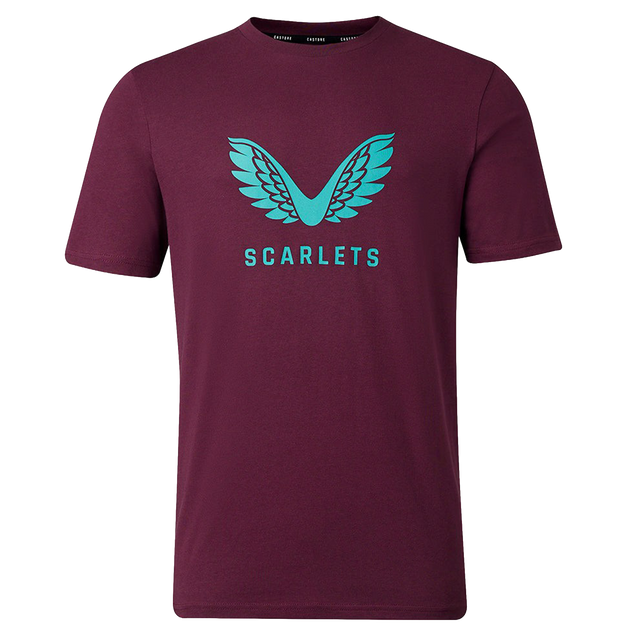 The Scarlets 23/24 Travel Cotton Logo Tee by Castore is a maroon cotton shirt with a teal winged logo and "SCARLETS" text on the chest.