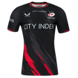 The Saracens Pro Home Jersey 23/24 by Castore features red and grey diagonal accents, City Index sponsor logo, and the club crest—perfect for fans seeking official team style.