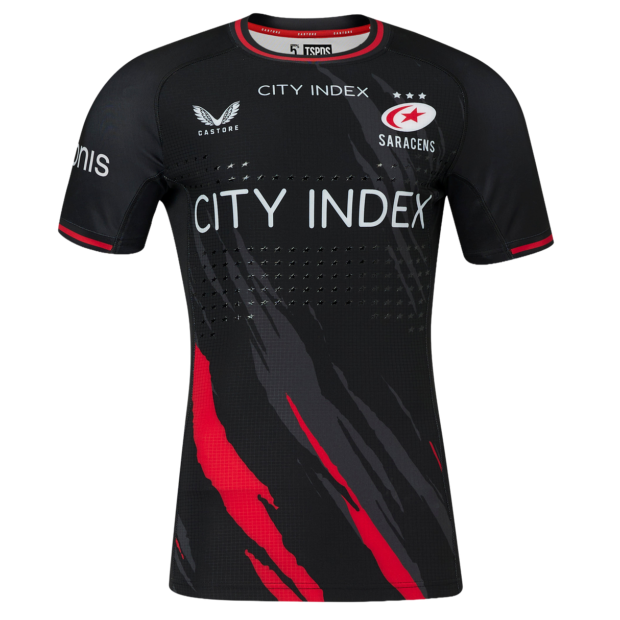 The Saracens Pro Home Jersey 23/24 by Castore features red and grey diagonal accents, City Index sponsor logo, and the club crest—perfect for fans seeking official team style.