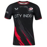 The Saracens Pro Home Jersey 23/24 by Castore features red and grey diagonal accents, City Index sponsor logo, and the club crest—perfect for fans seeking official team style.
