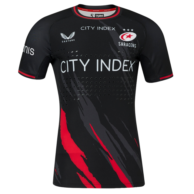 The Saracens Pro Home Jersey 23/24 by Castore features red and grey diagonal accents, City Index sponsor logo, and the club crest—perfect for fans seeking official team style.