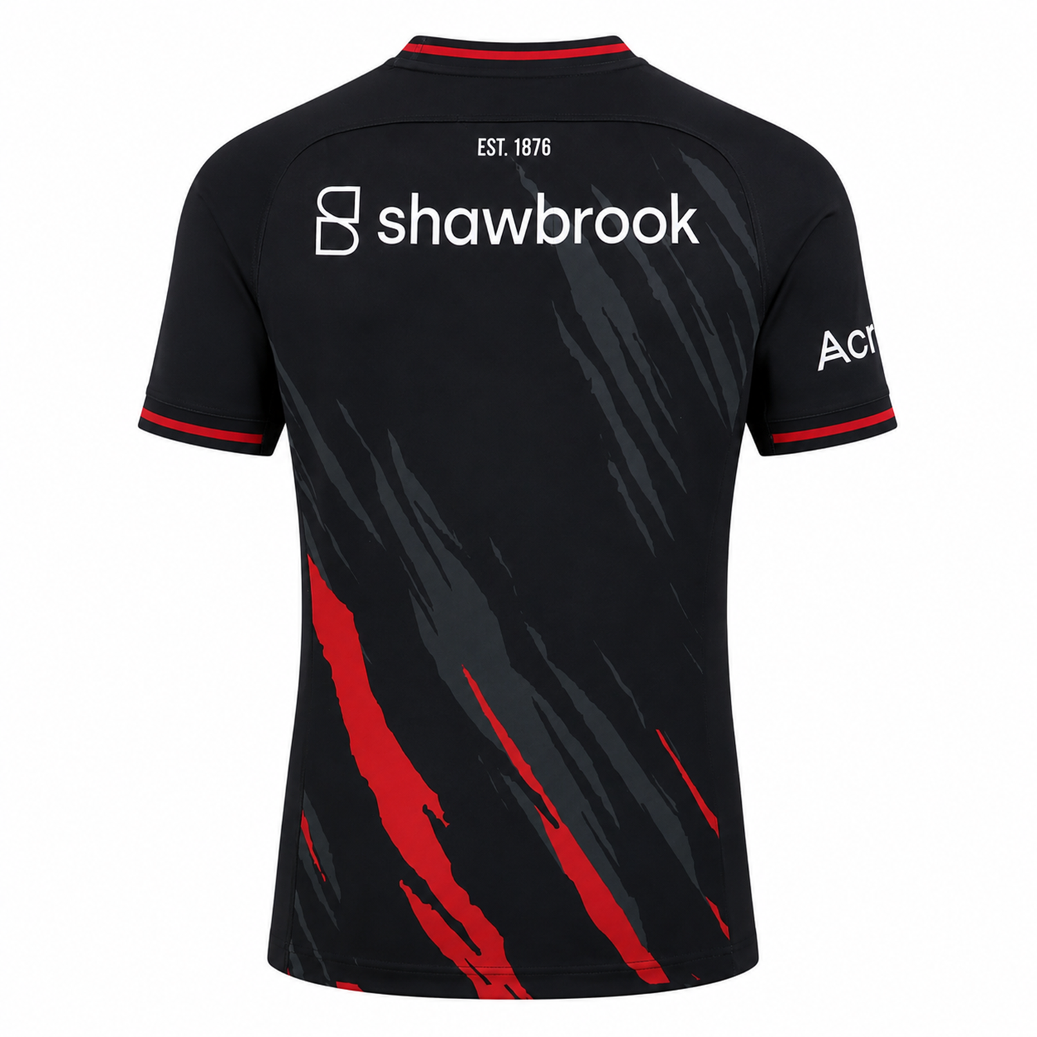 The Saracens Pro Home Jersey 23/24 by Castore is a black rugby jersey with gray and red diagonal streaks, "shawbrook" and "EST. 1876" on the upper back, and "Acr" on the right sleeve.