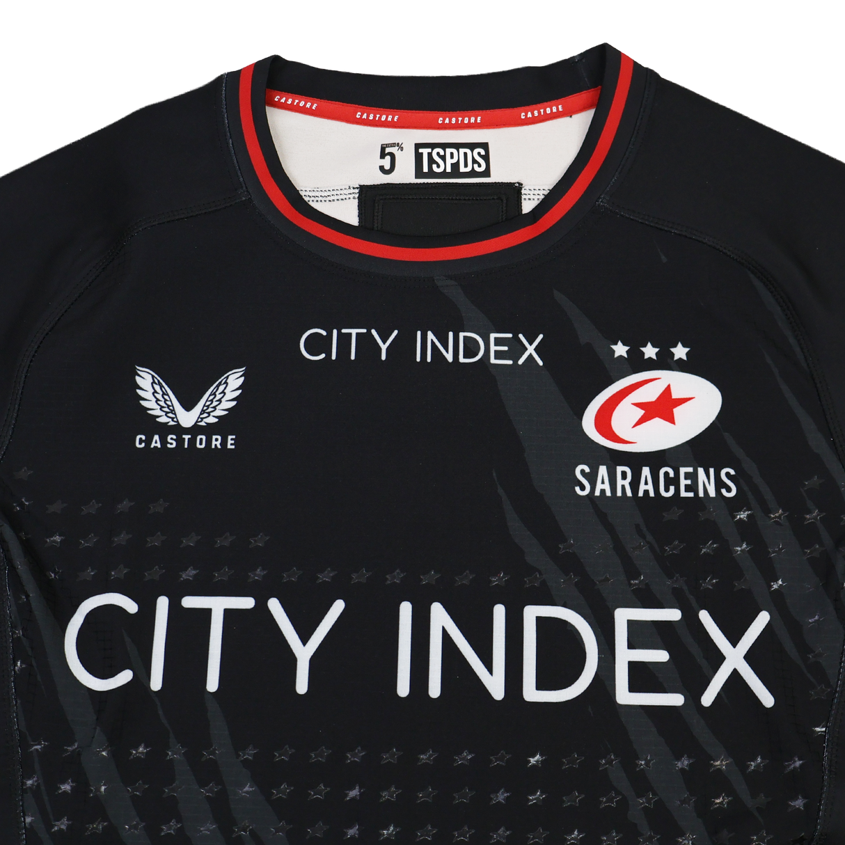 The Saracens Pro Home Jersey 23/24 by Castore features red and white trim, City Index sponsor logo, Castore branding, and the Saracens team emblem on the chest.