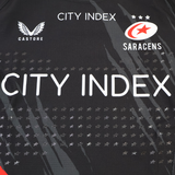 A close-up of the Saracens Pro Home Jersey 23/24 by Castore, a black rugby jersey showcasing Castore, City Index, and Saracens logos with a bold star pattern.