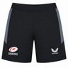 Saracens Pro Home Shorts 23/24 by Castore feature grey side panels, the team logo on the left leg, and Castore branding on the right—elite-level shorts ideal for both fans and players.