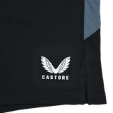 Close-up of the Saracens 24/25 Pro Players Gym Training Short by Castore, showcasing the iconic stylized wings logo above "Castore" and a gray fabric accent—engineered for peak performance and style.