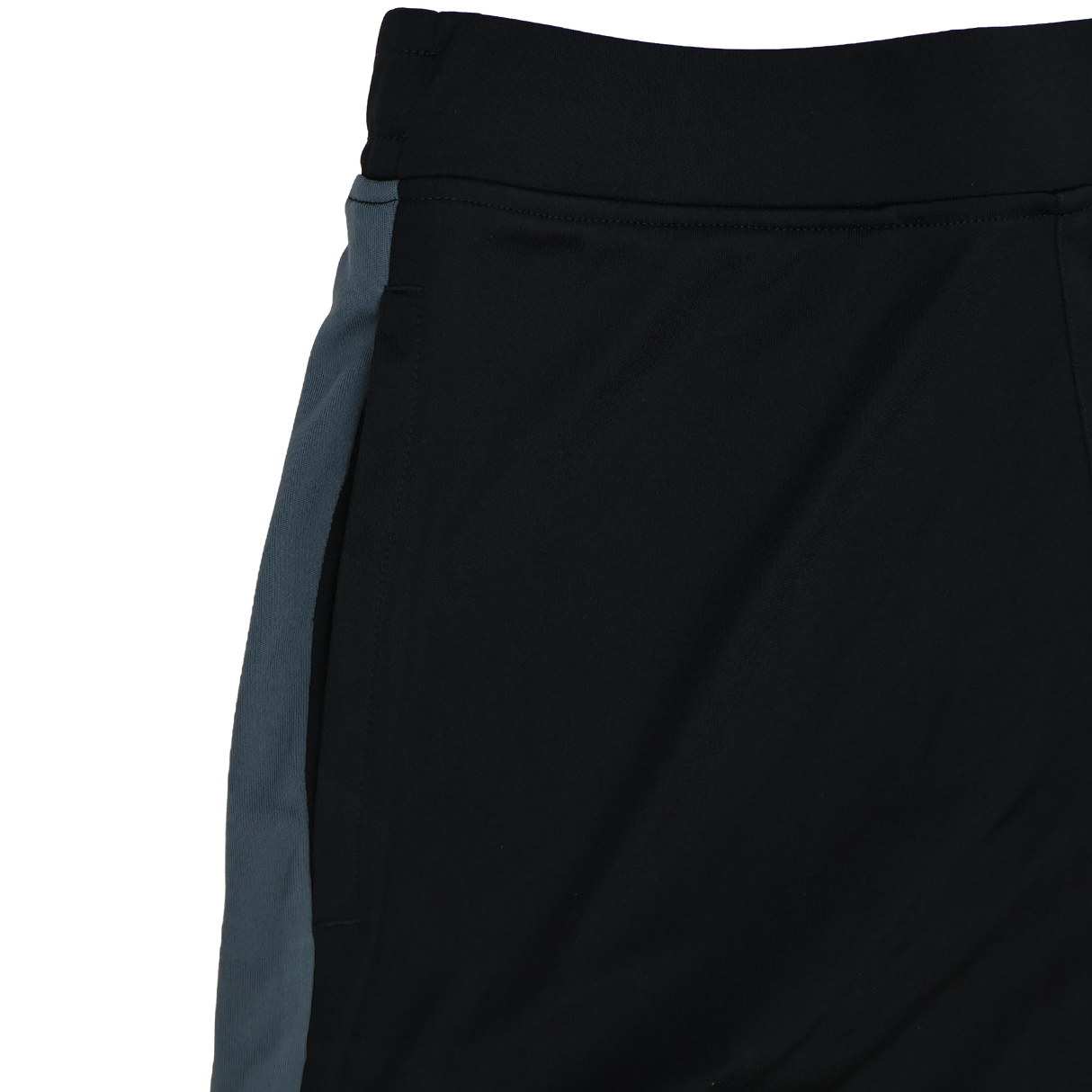 Close-up of Saracens Pro Home Shorts 23/24 by Castore, showcasing black fabric with a blue side panel and an elastic waistband—crafted for elite comfort and style both on and off the field.