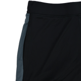 Close-up of the Saracens 24/25 Pro Players Gym Training Short by Castore in black with a dark gray side stripe, featuring the waistband and part of a pocket.