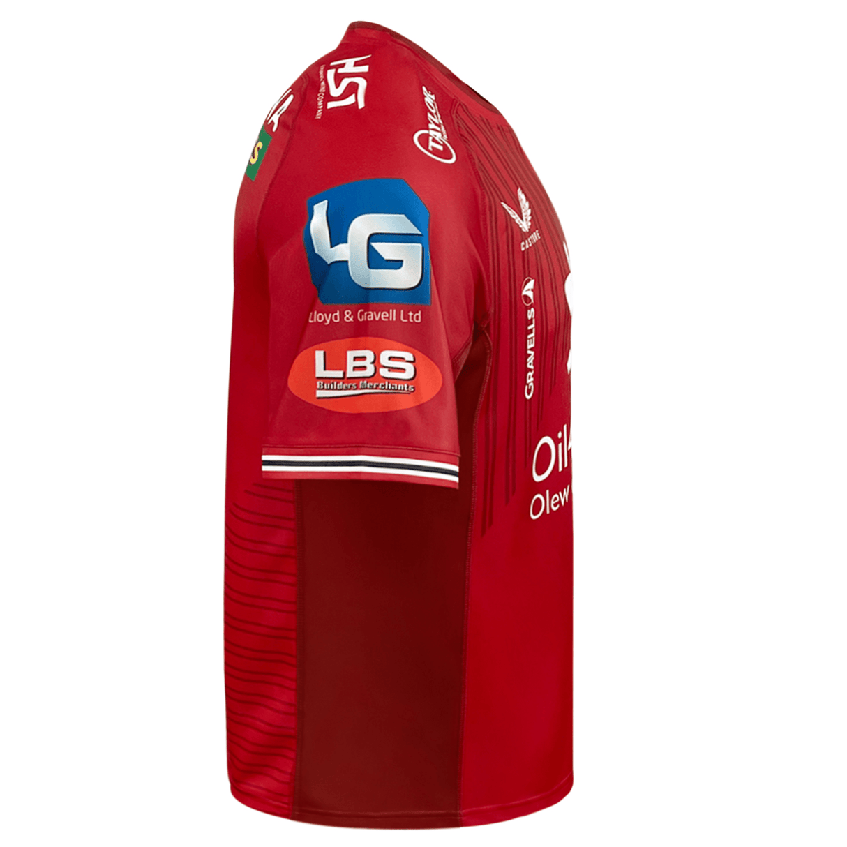 Side view of a red Scarlets Replica Home Jersey 23/24 by Castore with an athletic fit, featuring multiple sponsor logos, including Lloyd & Gravell Ltd., LBS, and others, displayed on the sleeves and torso—proudly representing Welsh rugby union prowess.
