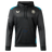 The Bath 23/24 Hoodie by Castore is a black and teal pullover with a front pocket, Castore logo, circular badge, and white sleeve logo—ideal for Bath Rugby fans seeking style and comfort.