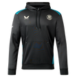 The Bath 23/24 Hoodie by Castore is a black and teal pullover with a front pocket, Castore logo, circular badge, and white sleeve logo—ideal for Bath Rugby fans seeking style and comfort.