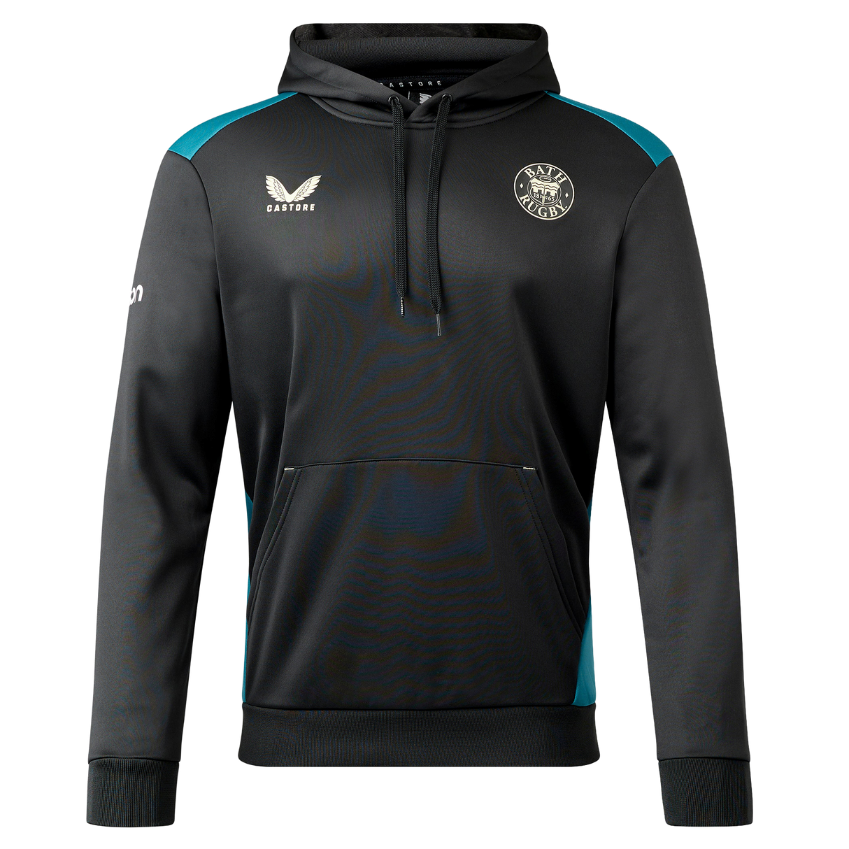 The Bath 23/24 Hoodie by Castore is a black and teal pullover with a front pocket, Castore logo, circular badge, and white sleeve logo—ideal for Bath Rugby fans seeking style and comfort.