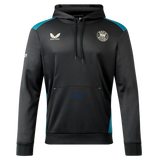 The Bath 23/24 Hoodie by Castore is a black and teal pullover with a front pocket, Castore logo, circular badge, and white sleeve logo—ideal for Bath Rugby fans seeking style and comfort.