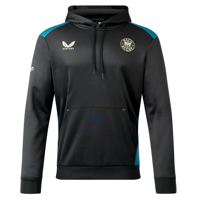 The Bath 23/24 Hoodie by Castore is a black and teal pullover with a front pocket, Castore logo, circular badge, and white sleeve logo—ideal for Bath Rugby fans seeking style and comfort.
