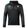 The Bath 23/24 Hoodie by Castore is a black and teal pullover with a front pocket, Castore logo, circular badge, and white sleeve logo—ideal for Bath Rugby fans seeking style and comfort.