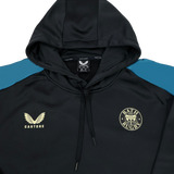The Bath 23/24 Hoodie by Castore features a sleek black design with blue shoulder accents, a gold Bath Rugby logo on the chest, and a gold Castore logo. This stylish hoodie is perfect for dedicated fans.