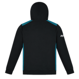 Back view of the Bath 23/24 Hoodie by Castore in black with teal accents on shoulders and sides, featuring "dys" in white on the left sleeve. Brand: Castore.