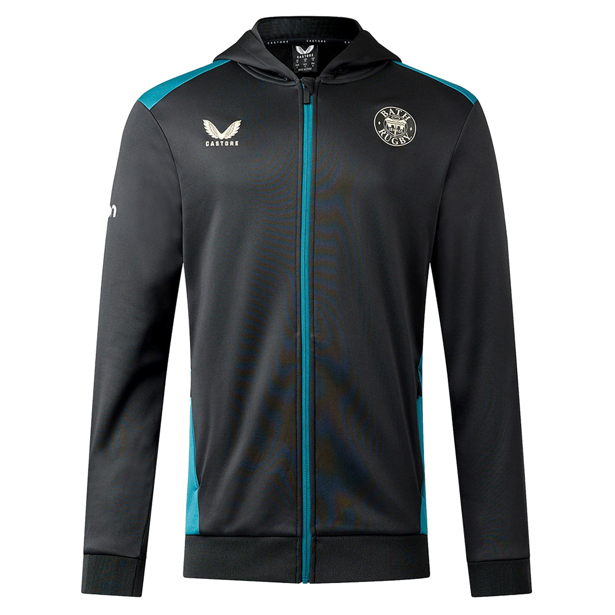 Bath 23/24 Full Zip Hoodie by Castore—black hoodie with teal accents, front zipper, hood, and two chest logos. Ideal rugby fan apparel. Shown on a plain white background.