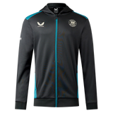 Bath 23/24 Full Zip Hoodie by Castore—black hoodie with teal accents, front zipper, hood, and two chest logos. Ideal rugby fan apparel. Shown on a plain white background.