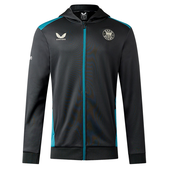 Bath 23/24 Full Zip Hoodie by Castore—black hoodie with teal accents, front zipper, hood, and two chest logos. Ideal rugby fan apparel. Shown on a plain white background.