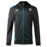Bath 23/24 Full Zip Hoodie by Castore—black hoodie with teal accents, front zipper, hood, and two chest logos. Ideal rugby fan apparel. Shown on a plain white background.