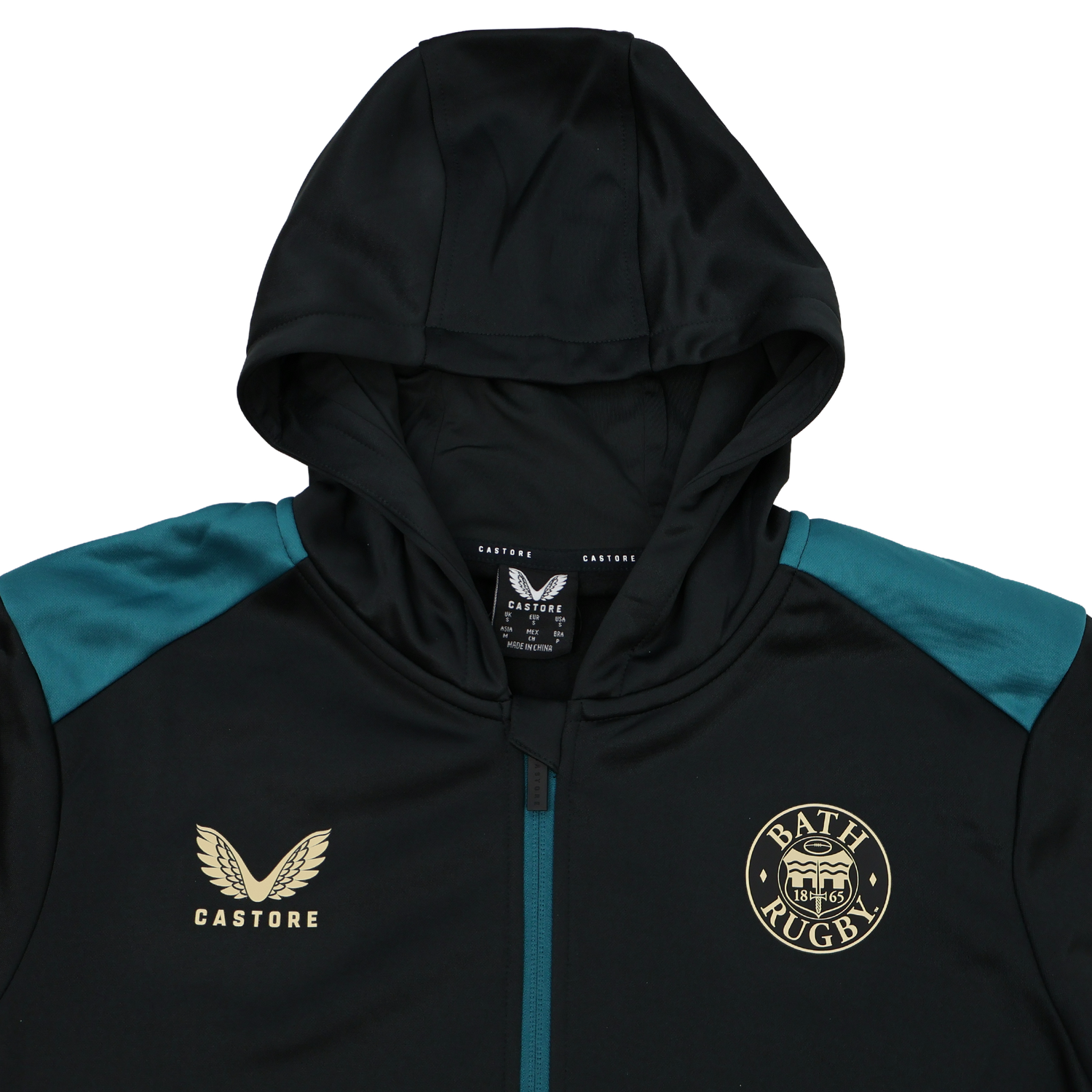 The Bath 23/24 Full Zip Hoodie by Castore features the Castore logo and Bath Rugby club badge—an ideal choice for fans to show team pride.