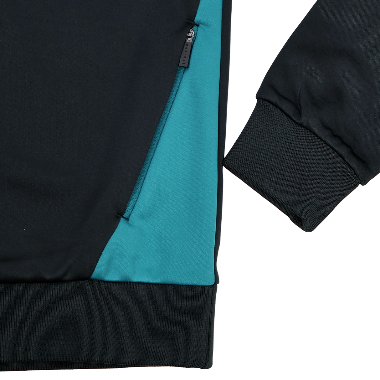 Close-up of the Castore Bath 23/24 Full Zip Hoodie in black with a teal side panel, featuring a zippered pocket, ribbed waistband, and long sleeves with ribbed cuffs—ideal for rugby fans.