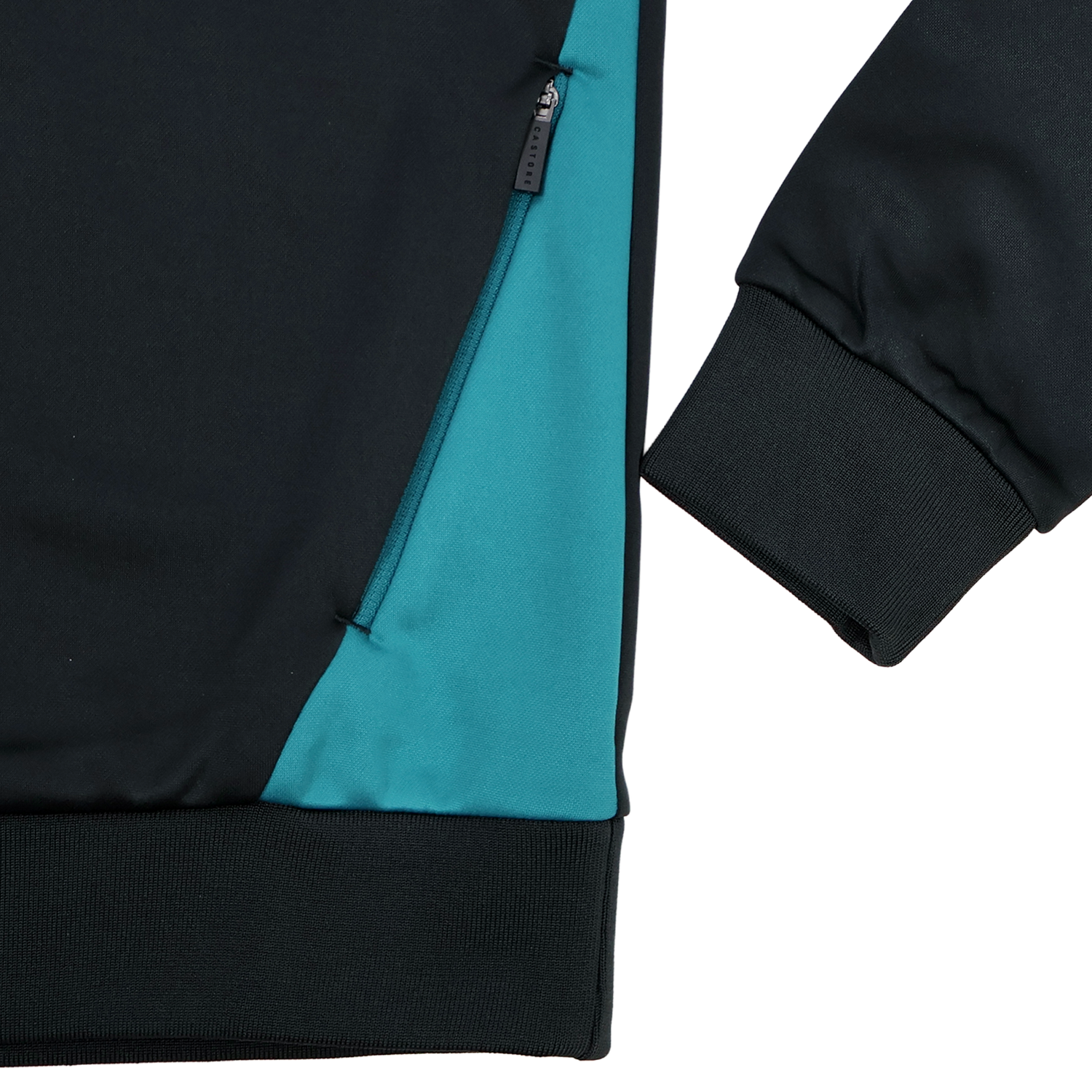 Close-up of the Castore Bath 23/24 Full Zip Hoodie in black with a teal side panel, featuring a zippered pocket, ribbed waistband, and long sleeves with ribbed cuffs—ideal for rugby fans.