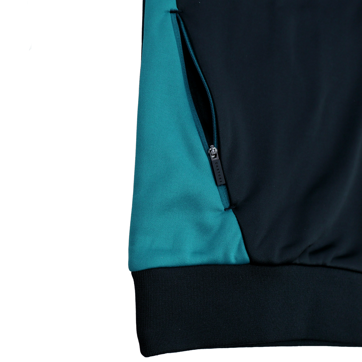 Close-up of the Bath 23/24 Full Zip Hoodie by Castore, featuring a teal and black color block design, zippered pocket, and ribbed black hem—stylish official fan apparel from Castore.
