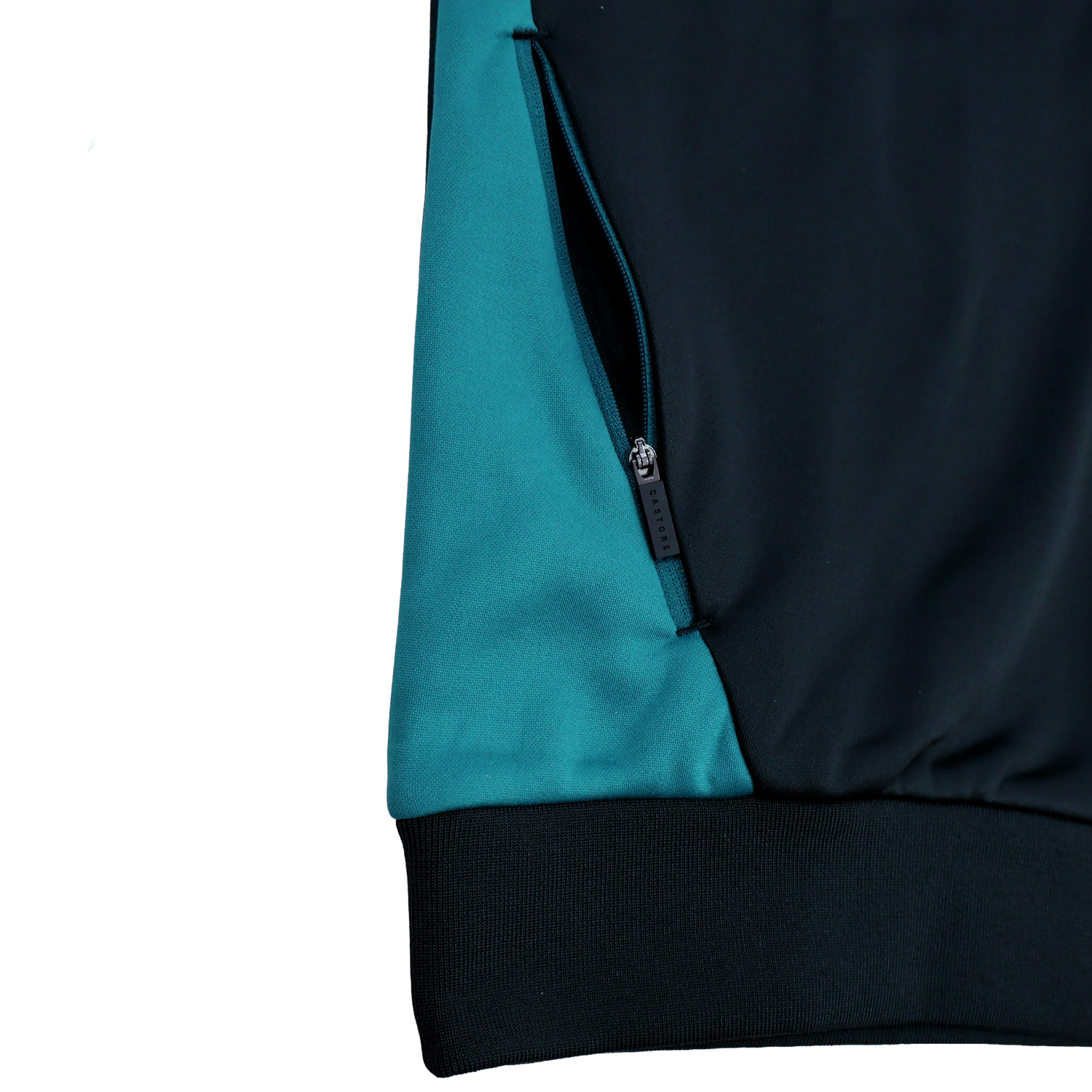 Close-up of the Bath 23/24 Full Zip Hoodie by Castore, featuring a teal and black color block design, zippered pocket, and ribbed black hem—stylish official fan apparel from Castore.